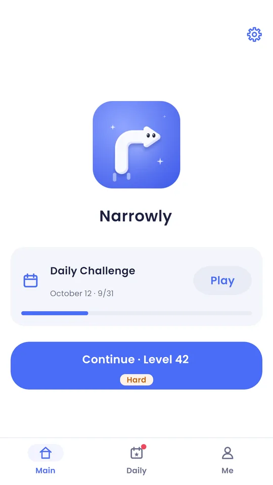 The Narrowly home screen, showing the app icon, a Daily Challenge card and a Continue button