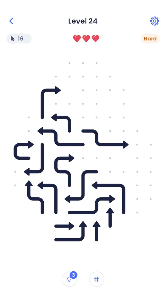 A Narrowly level: dark arrows packed on a dotted grid, with three hearts and a Hard difficulty label