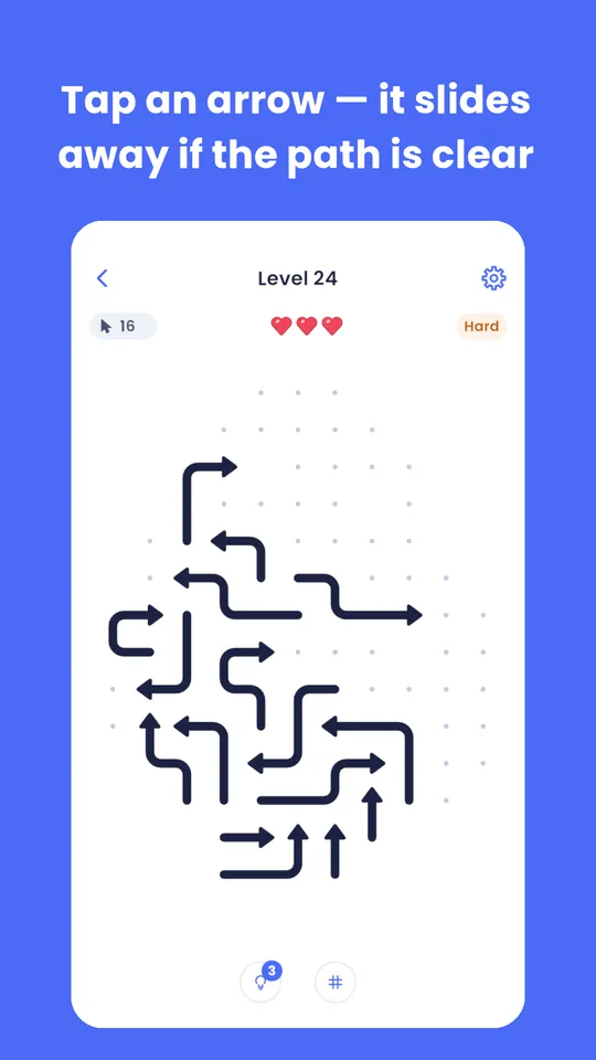 A Narrowly arrow puzzle level shaped like a heart, mid-solve: tap an arrow and it slides away if the path is clear