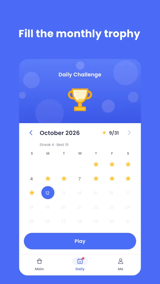 Fill the monthly trophy: the Daily Challenge calendar with stars and a trophy