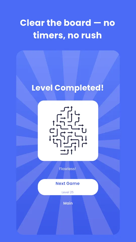 Clear the board with no timers and no rush: the level complete screen with a heart picture